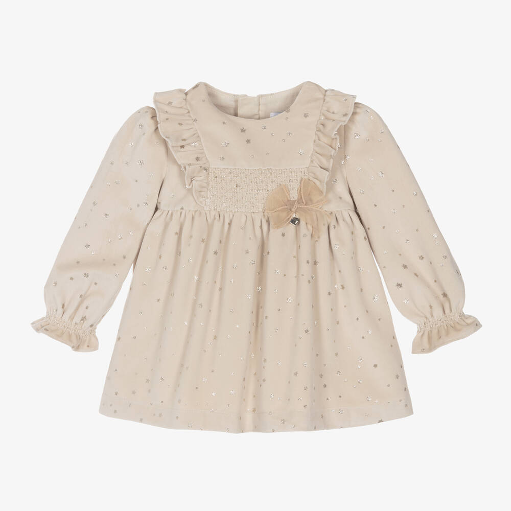 Mayoral - Girls Beige Velour Star Dress | Childrensalon