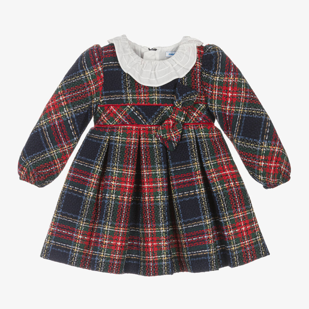 Mayoral - Girls Navy Blue & Red Check Dress | Childrensalon