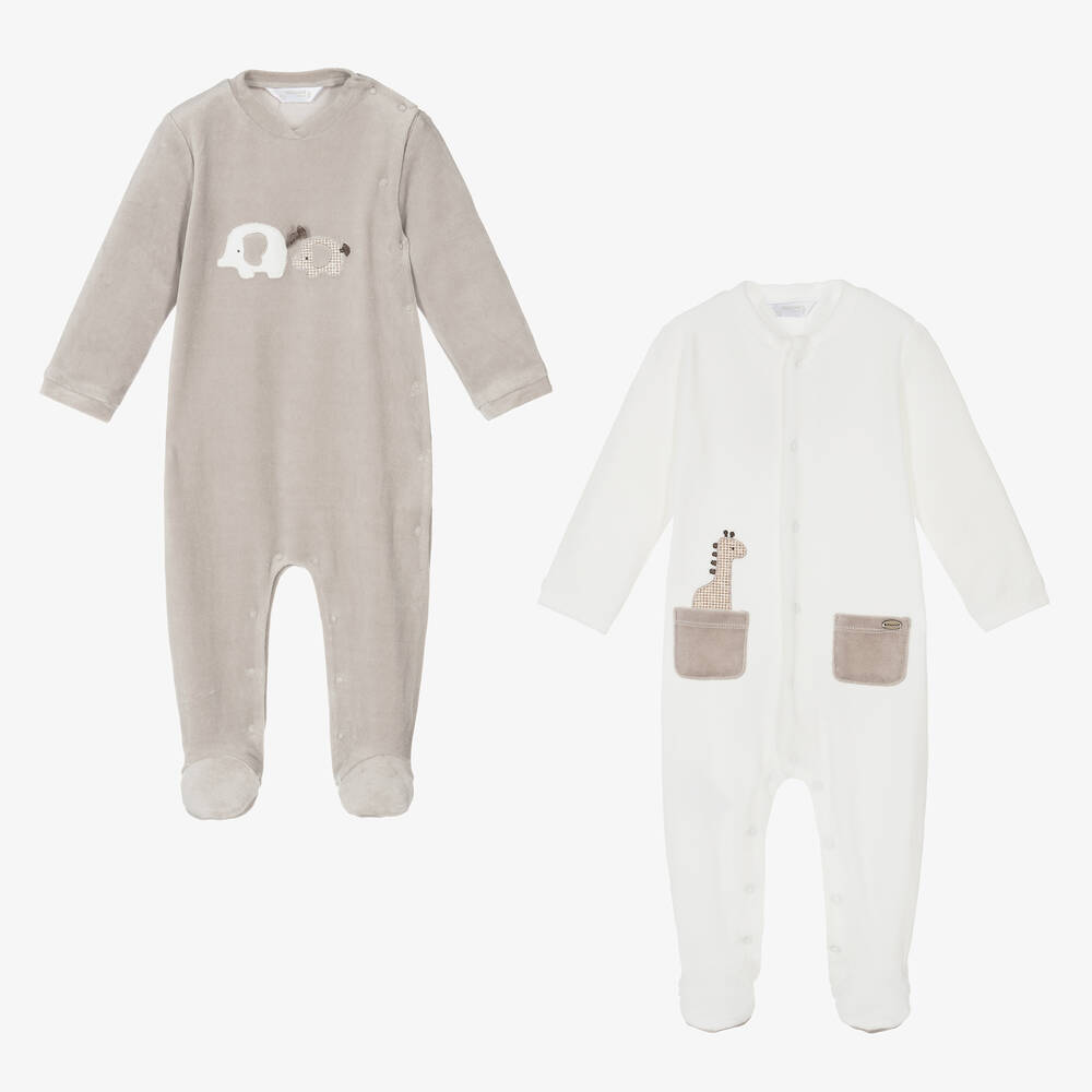 Mayoral Newborn - Ivory & Beige Velour Babygrows (2 Pack) | Childrensalon