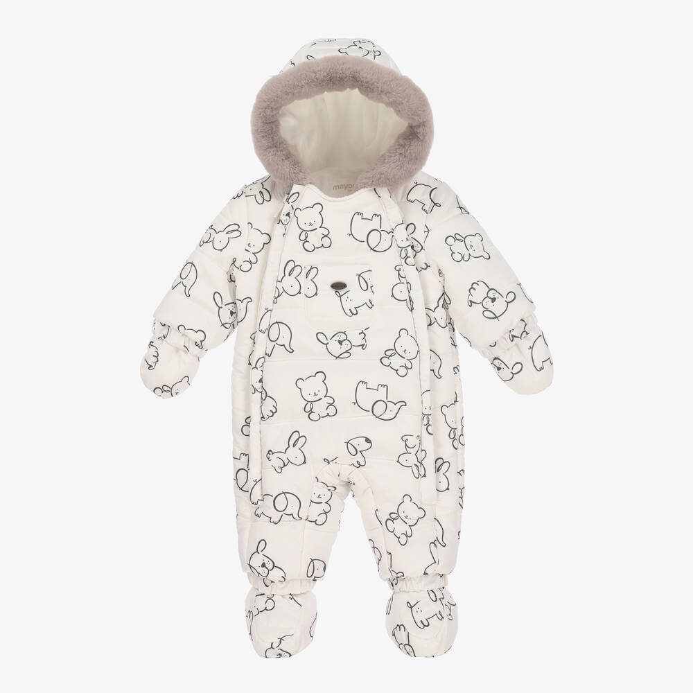 Mayoral - White & Grey Padded Baby Snowsuit | Childrensalon