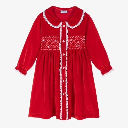 Mini Lunn-Girls Red Velour Smocked Dressing Gown | Childrensalon