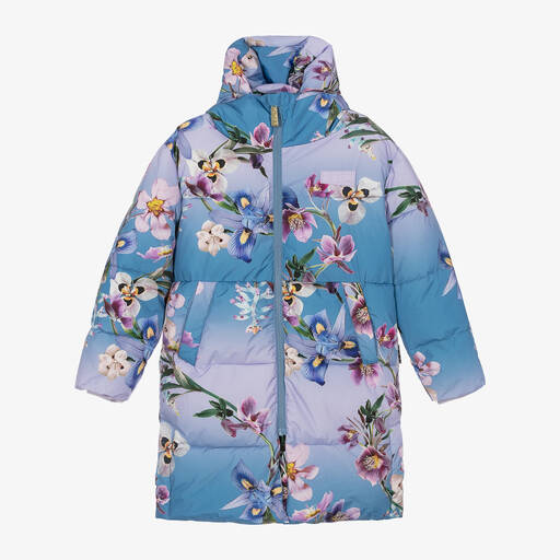 Molo-Girls Blue Floral Puffer Coat | Childrensalon