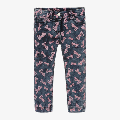 Monnalisa-Girls Blue Denim Barbie Print Jeans | Childrensalon