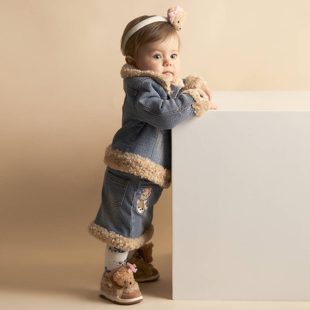 Monnalisa-Girls Blue Denim Teddy Bear Jacket | Childrensalon