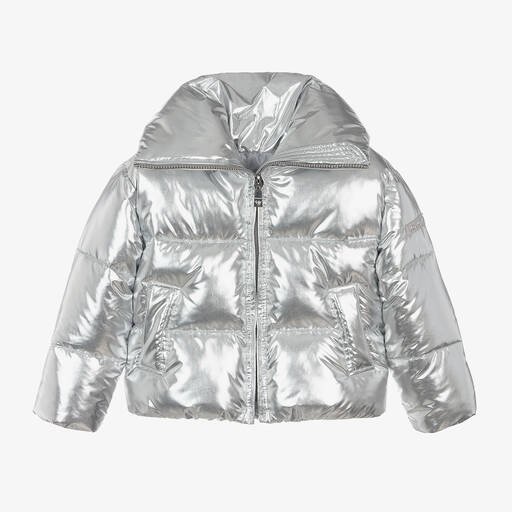 Monnalisa-Girls Metallic Silver Puffer Jacket | Childrensalon