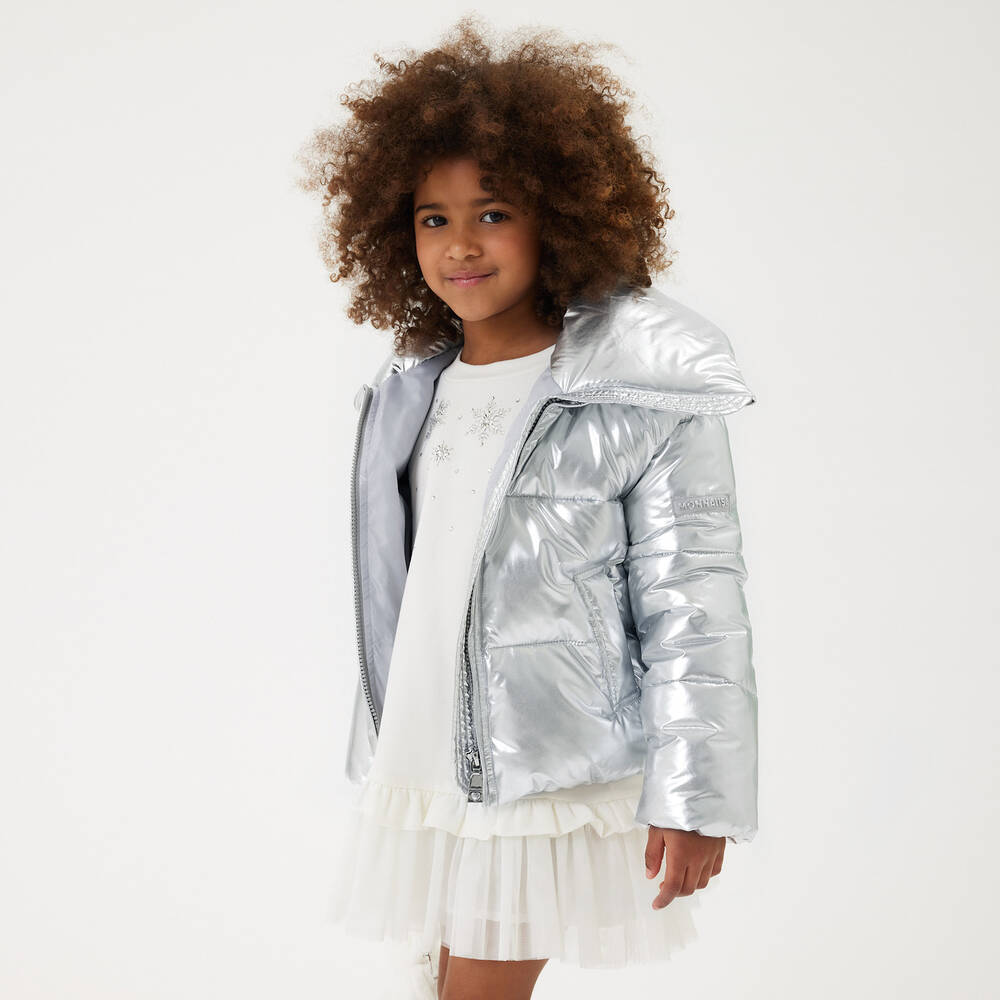 Monnalisa-Girls Metallic Silver Puffer Jacket | Childrensalon