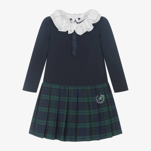 Monnalisa-Girls Navy Blue Milano Jersey Tartan Dress | Childrensalon