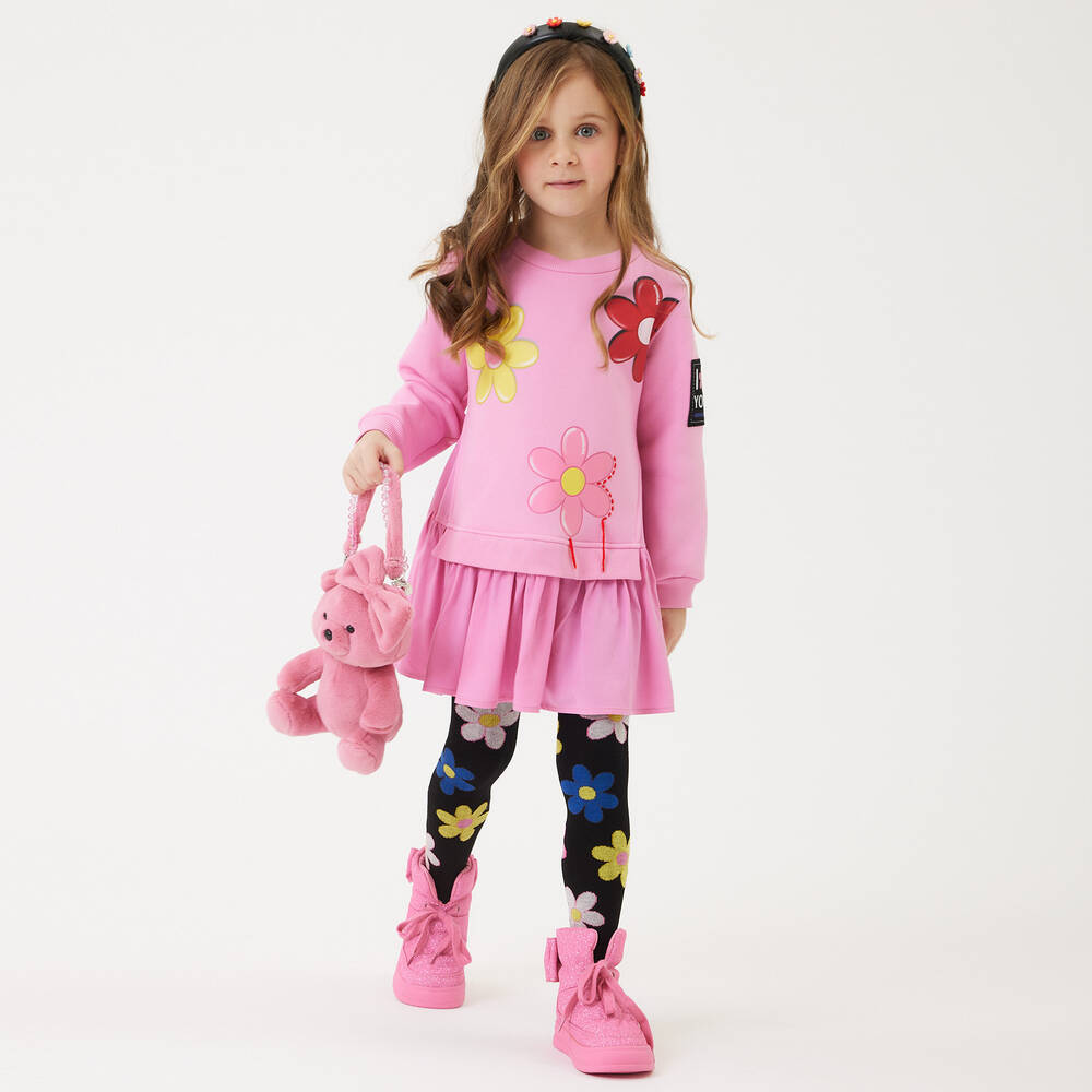 Monnalisa-Girls Pink Flower Print Sweatshirt Dress | Childrensalon