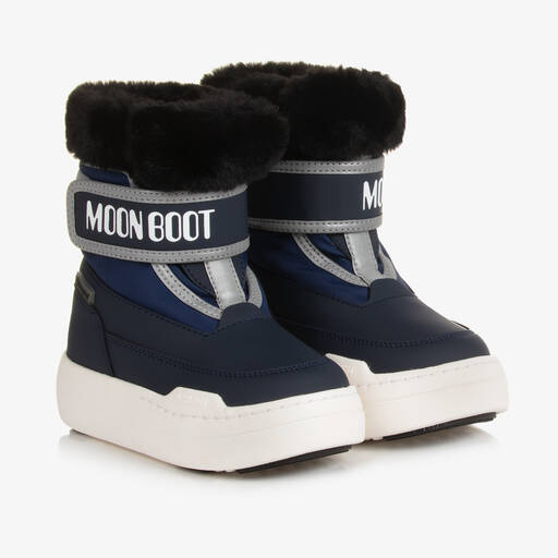 Moon Boot-Navy Blue Faux Fur Trim Velcro Boots | Childrensalon