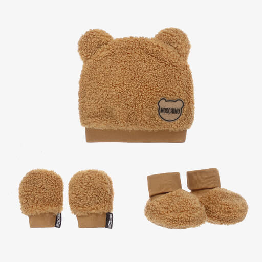 Moschino Baby-Brown Fleece Hat & Booties Set | Childrensalon