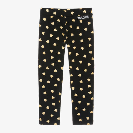 Moschino Kid-Teen-Girls Black & Gold Heart Cotton Leggings | Childrensalon