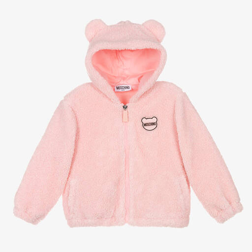 Moschino Baby-Girls Pink Hooded Teddy Fleece Jacket | Childrensalon