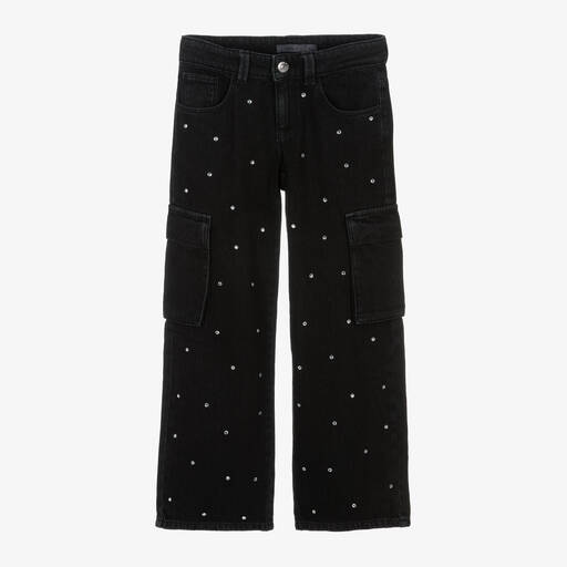 Name It-Girls Black Diamanté Wide Leg Cargo Jeans | Childrensalon