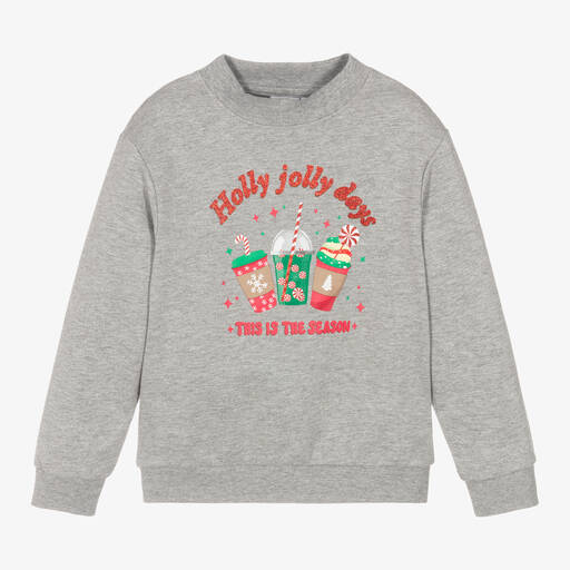 Name It-Girls Grey Cotton Festive Sweatshirt | Childrensalon