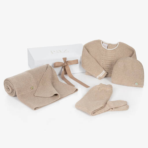 Paz Rodríguez-Beige Cotton Knit Babysuit Set | Childrensalon