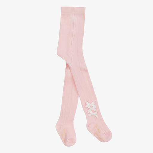 Pretty Originals-Girls Pink Cotton Bow Tights | Childrensalon