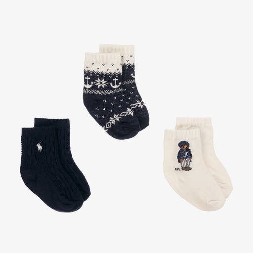 Ralph Lauren-Baby Boys Ivory & Blue Socks (3 Pack) | Childrensalon