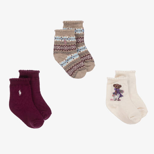 Ralph Lauren-Baby Girls Beige & Red Socks (3 Pack) | Childrensalon