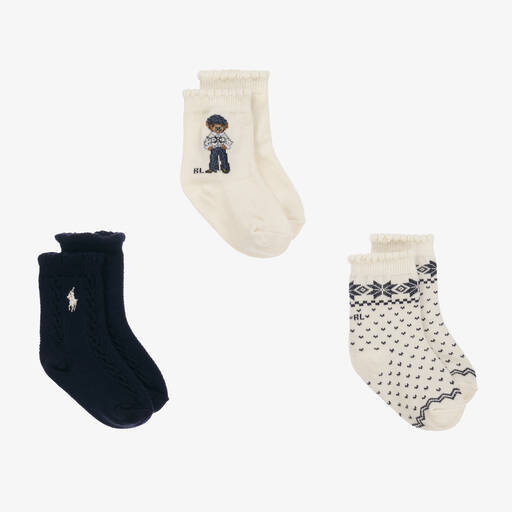 Ralph Lauren-Baby Girls Ivory & Blue Socks (3 Pack) | Childrensalon