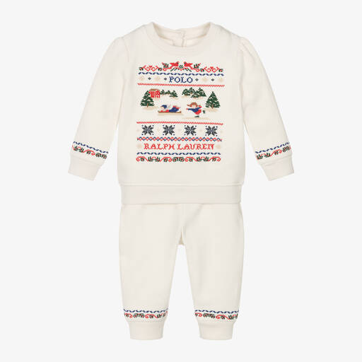 Ralph Lauren-Baby Girls Ivory Cotton Festive Tracksuit | Childrensalon