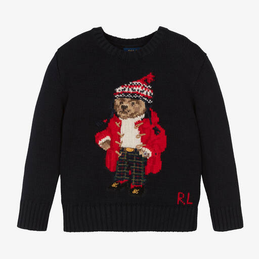 Ralph Lauren-Boys Blue Cotton Knit Polo Bear Sweater | Childrensalon