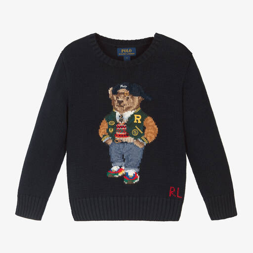 Ralph Lauren-Boys Blue Cotton Polo Bear Sweater | Childrensalon