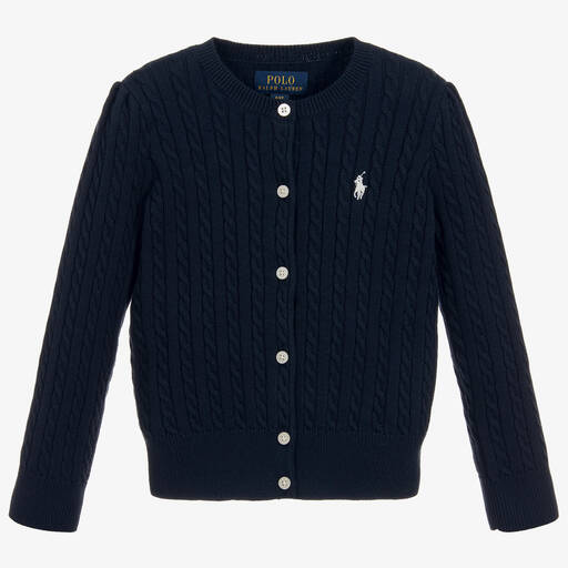 Ralph Lauren-Girls Blue Cotton Cable Knit Cardigan | Childrensalon