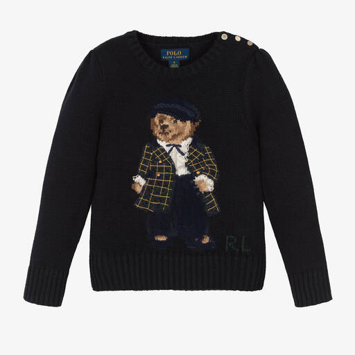 Ralph Lauren-Girls Blue Cotton Knit Polo Bear Sweater | Childrensalon