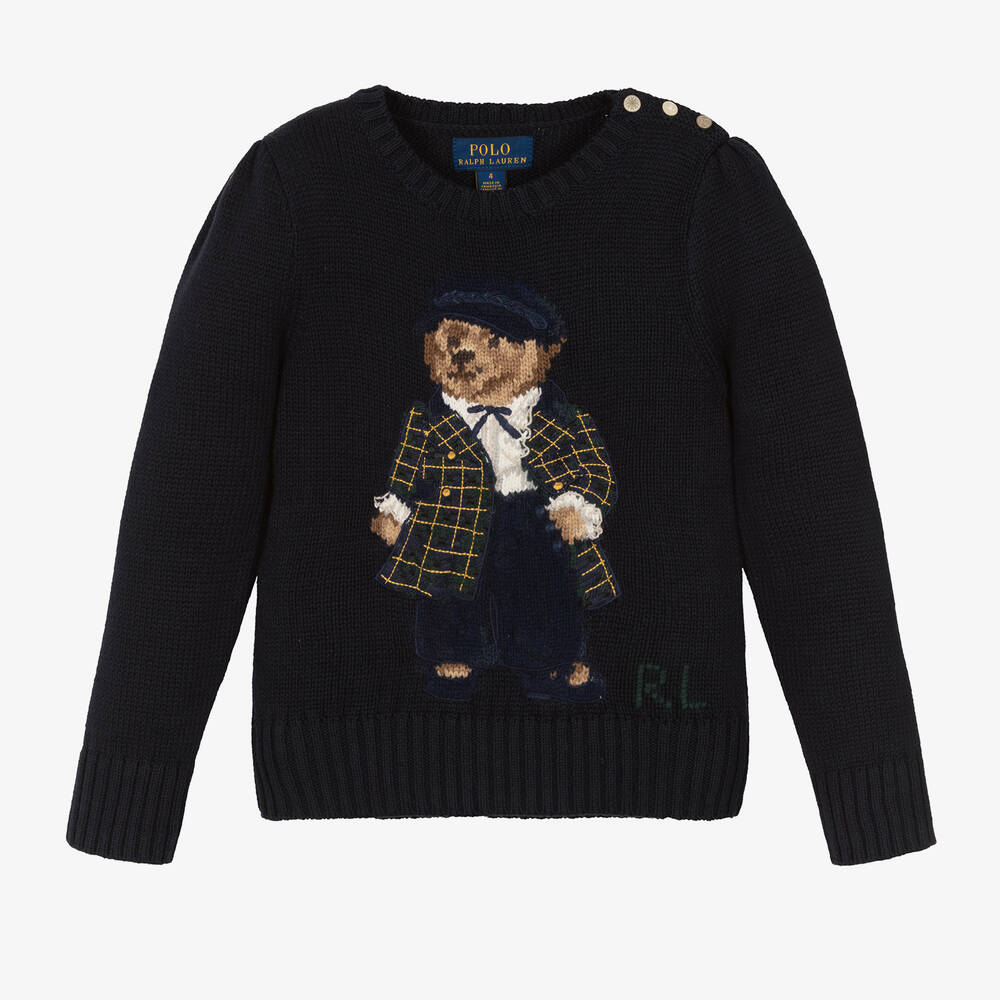 Ralph Lauren - Girls Blue Cotton Knit Polo Bear Sweater | Childrensalon