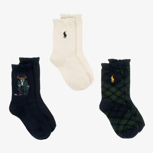 Ralph Lauren-Girls Blue & Ivory Socks (3 pack) | Childrensalon