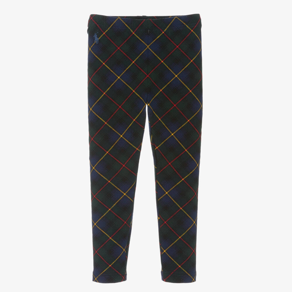 Ralph Lauren - Girls Green Tartan Cotton Leggings | Childrensalon