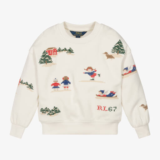 Ralph Lauren-Girls Ivory Cotton Festive Sweatshirt | Childrensalon