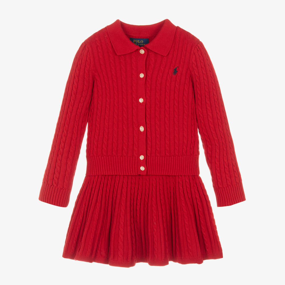 Ralph Lauren - Girls Red Cotton Cable Knit Skirt Set | Childrensalon