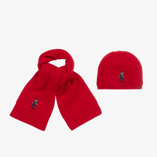 Ralph Lauren-Girls Red Knit Polo Bear Hat & Scarf Set | Childrensalon