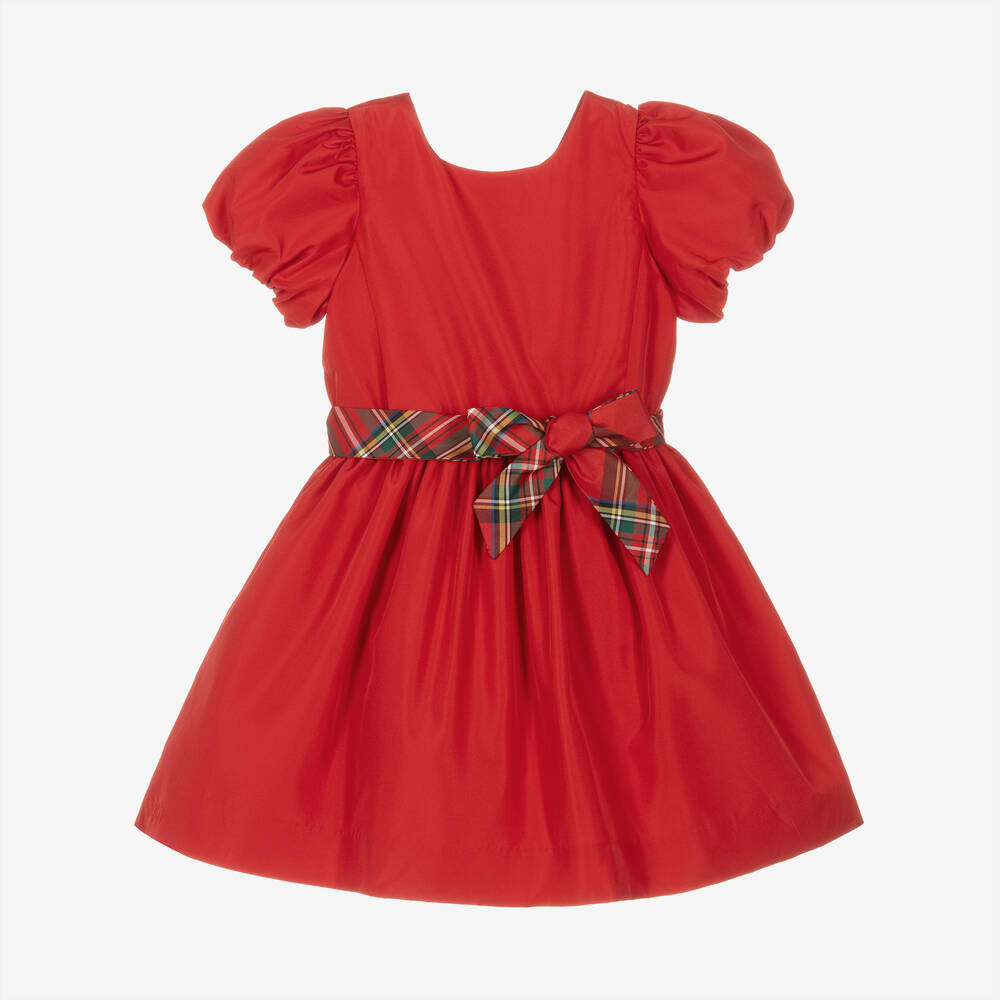 Ralph Lauren - Girls Red Puff Sleeve Dress | Childrensalon