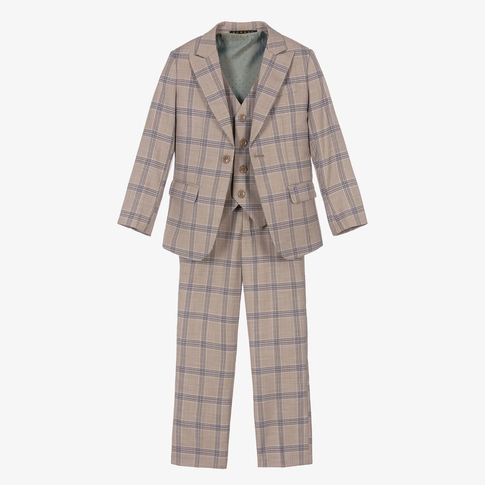 Romano - Boys Beige & Blue Check Suit | Childrensalon