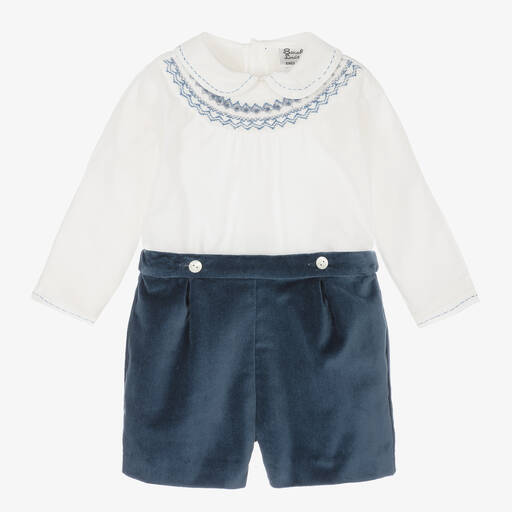 Sarah Louise-Boys Blue Velvet Hand-Smocked Buster Suit | Childrensalon