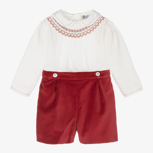 Sarah Louise-Boys Red Velvet Hand-Smocked Buster Suit | Childrensalon