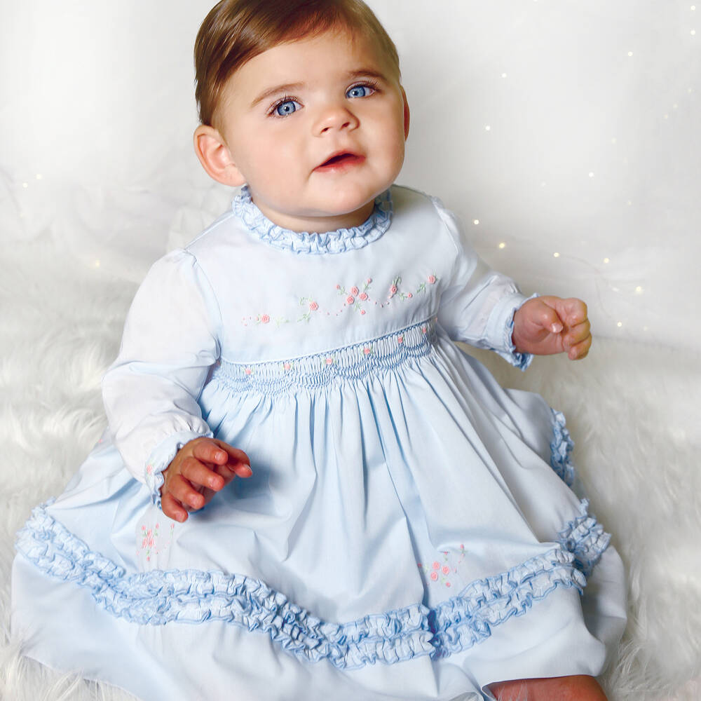 Sarah Louise-Girls Blue Cotton Smocked Dress | Childrensalon