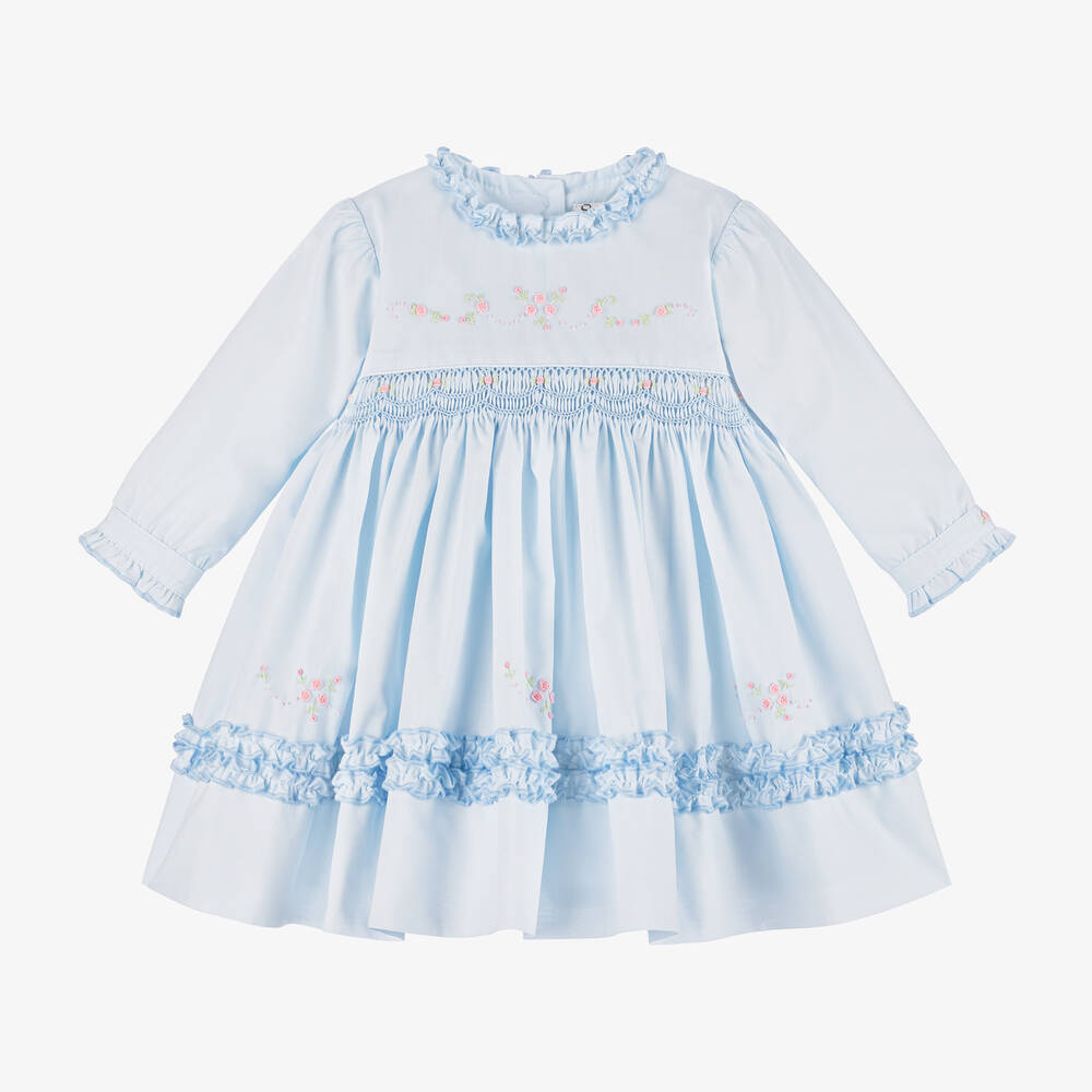 Sarah Louise - Girls Blue Cotton Smocked Dress | Childrensalon