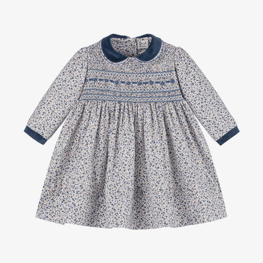 Sarah Louise-Girls Blue Floral Smocked Dress | Childrensalon