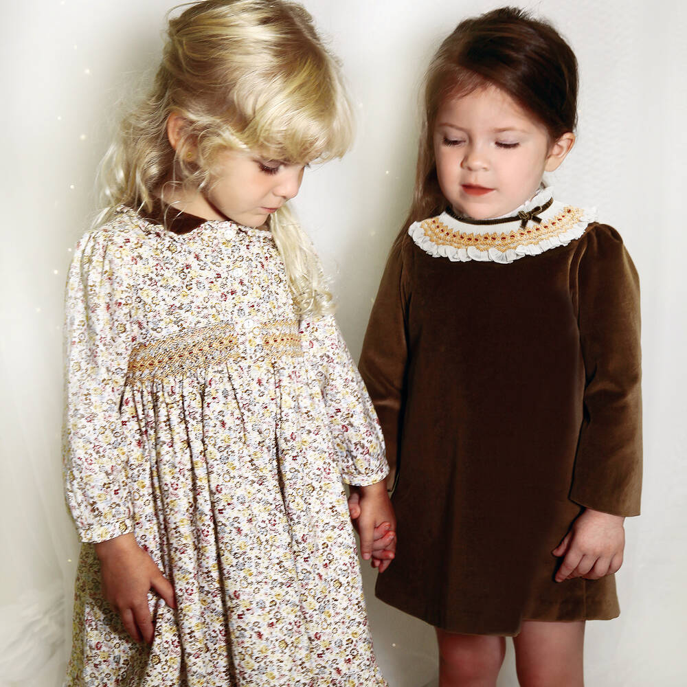 Sarah Louise-Girls Ivory & Beige Floral Hand-Smocked Dress | Childrensalon