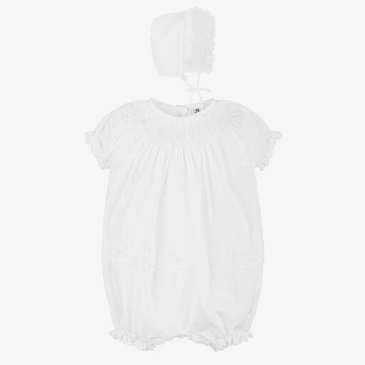 Sarah Louise-White Cotton Hand-Smocked Shortie Set | Childrensalon