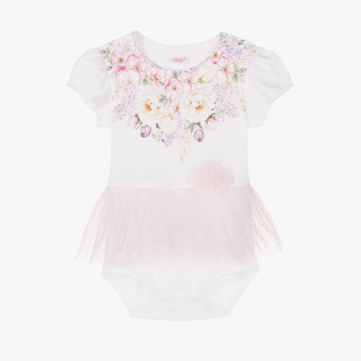 Sofija-Baby Girls White Cotton Floral Bodysuit | Childrensalon