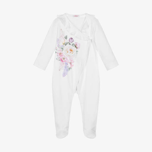 Sofija-Girls White Floral Print Cotton Babygrow | Childrensalon