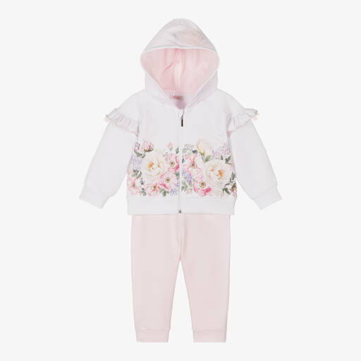 Sofija-Girls White & Pink Cotton Tracksuit | Childrensalon