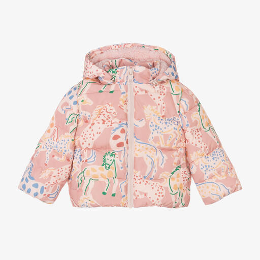 Stella McCartney Kids-Baby Girls Pink Horse Print Puffer Jacket | Childrensalon