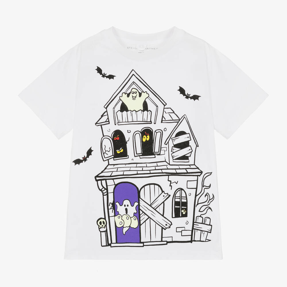 Stella McCartney Kids - White Cotton Haunted House T-Shirt | Childrensalon