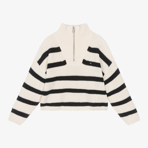 Tommy Hilfiger-Girls Blue & Ivory Cotton Knit Sweater | Childrensalon