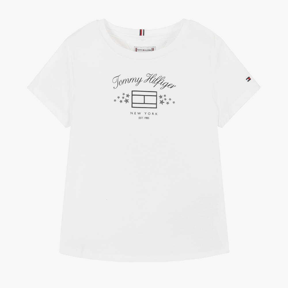 Tommy Hilfiger - Girls White Cotton T-Shirt | Childrensalon